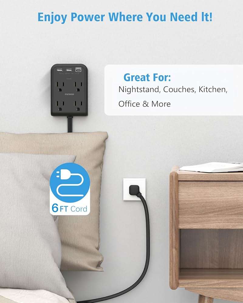 Flat Electrical Outlet Extender with USB C Ports, 4 Outlet 3 USB Wall Plug, 6 ft Ultra Thin Extension Cord, Flat Plug Power Strip Surge Protector for Home, Office. Black - Image 6