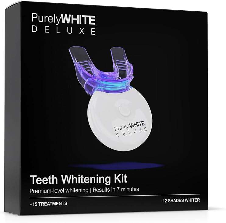 PurelyWHITE DELUXE Teeth Whitening Kit, Complete LED Teeth Whitening, 15+ Treatments, (3) 3ml Whitening Gel Syringes, Whiter Smile in 7 Minutes - Image 1