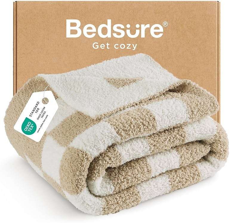 Bedsure Beige Throw Blanket for Couch, Cozy Soft Checkered Blanket, Lightweight Warm Knit Fluffy Throw Blankets for Bed Sofa, Camping, Picnic, Travel, Gifts for Women Men, 50x60 Inches - Image 1