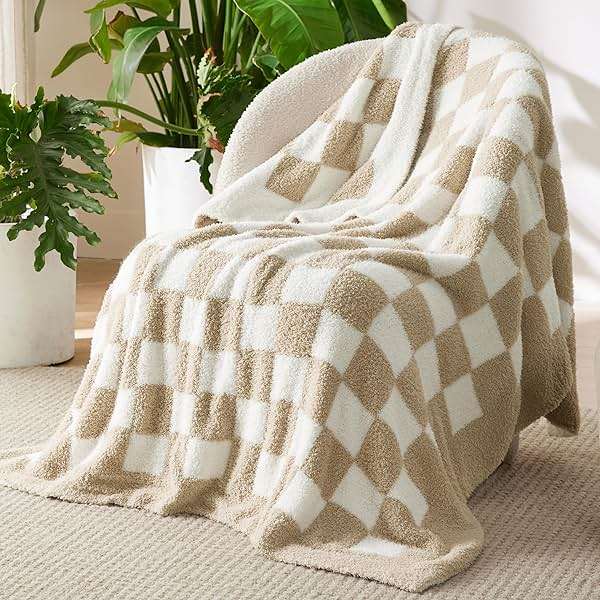 Bedsure Beige Throw Blanket for Couch, Cozy Soft Checkered Blanket, Lightweight Warm Knit Fluffy Throw Blankets for Bed Sofa, Camping, Picnic, Travel, Gifts for Women Men, 50x60 Inches - Image 2