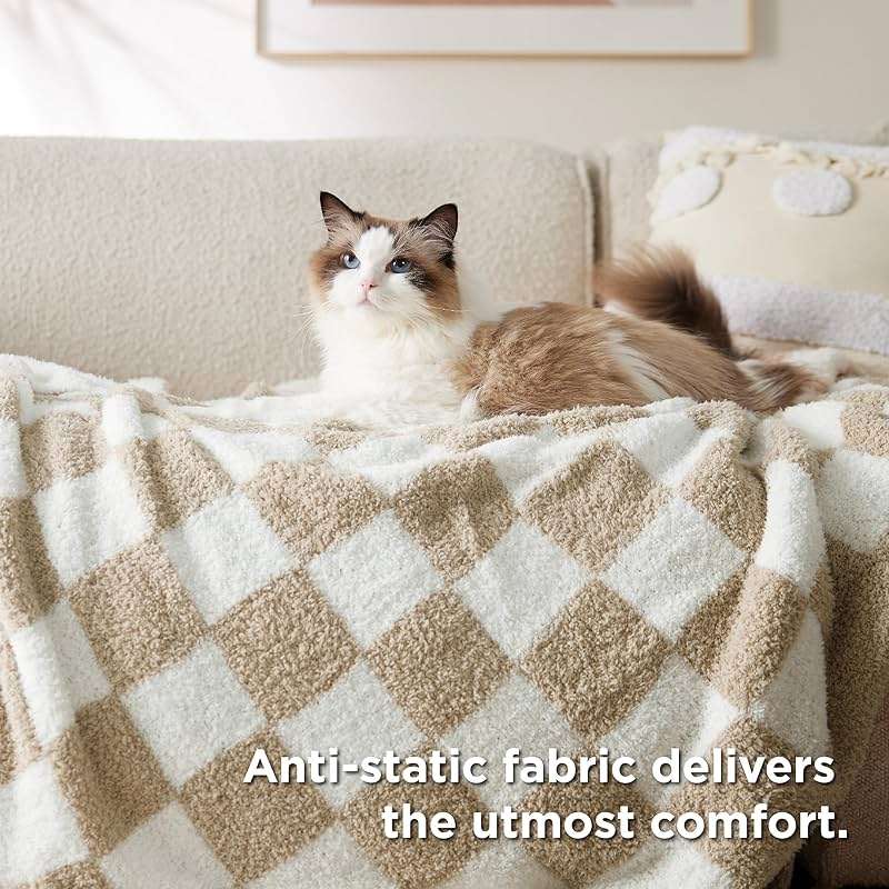 Bedsure Beige Throw Blanket for Couch, Cozy Soft Checkered Blanket, Lightweight Warm Knit Fluffy Throw Blankets for Bed Sofa, Camping, Picnic, Travel, Gifts for Women Men, 50x60 Inches - Image 4