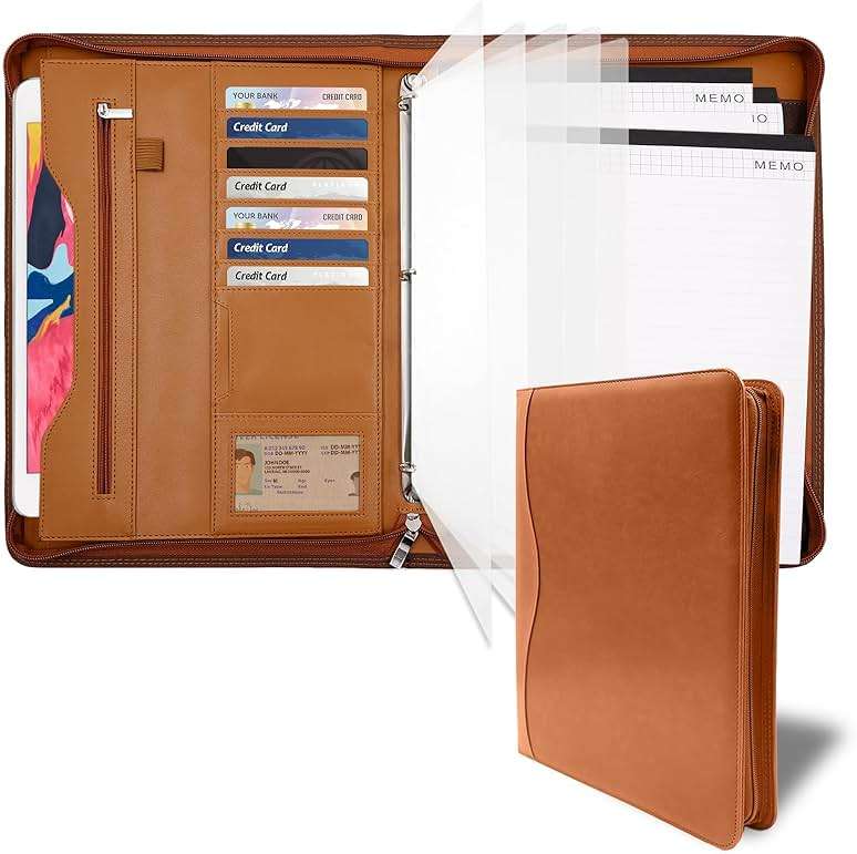Sbrinnaliao Padfolio Portfolio Folder Binder-Organizer Planner Notebook Zippered Portfolio Padfolio for Women & Men with Document Sleeve,Letter/A4 Size Clipboard,Business Card Holders (Brown-3) - Image 1