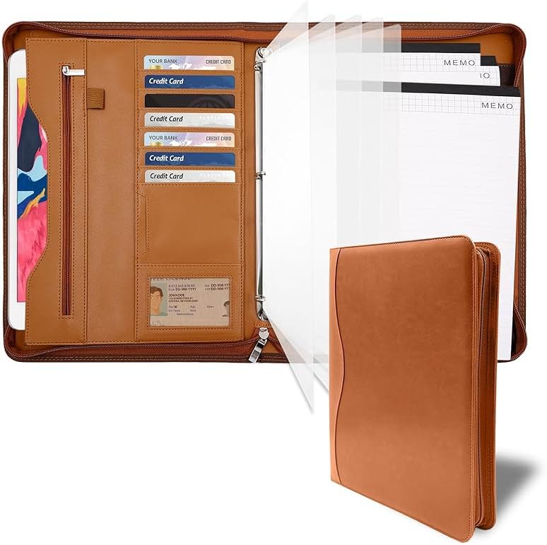 Sbrinnaliao Padfolio Portfolio Folder Binder-Organizer Planner Notebook Zippered Portfolio Padfolio for Women & Men with Document Sleeve,Letter/A4 Size Clipboard,Business Card Holders (Brown-3) - Product Image