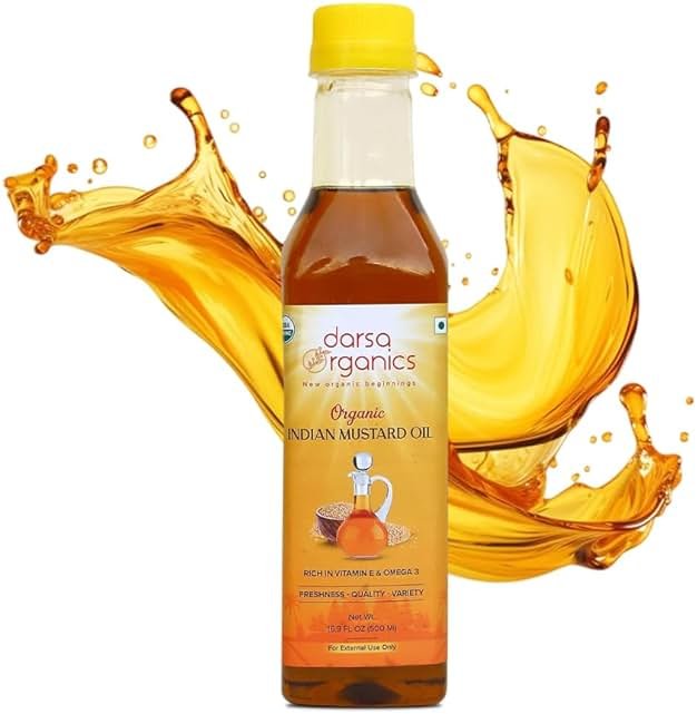 Darsa Organics Cold-Pressed Mustard Oil 16.9 oz (500ml) – USDA Organic, Unrefined & Chemical-Free, Rich in Vitamin E & Omega-3, Great for Hair & Skin Care, Natural Massage & Remedies - Product Image