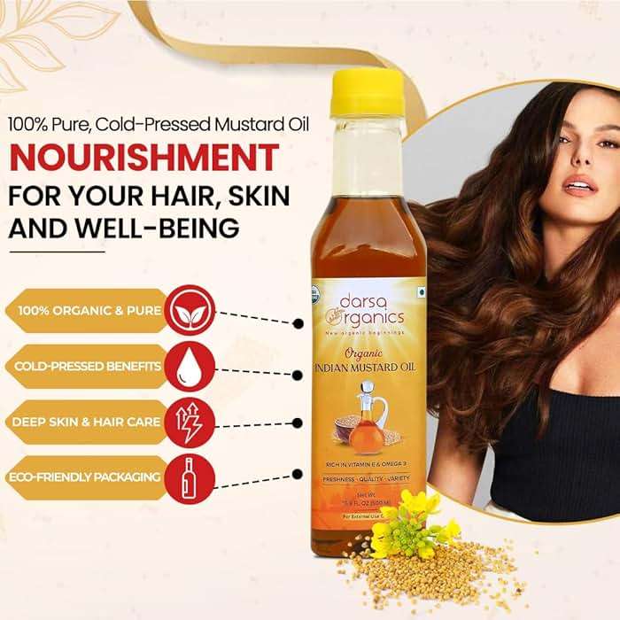 Darsa Organics Cold-Pressed Mustard Oil 16.9 oz (500ml) – USDA Organic, Unrefined & Chemical-Free, Rich in Vitamin E & Omega-3, Great for Hair & Skin Care, Natural Massage & Remedies - Image 3