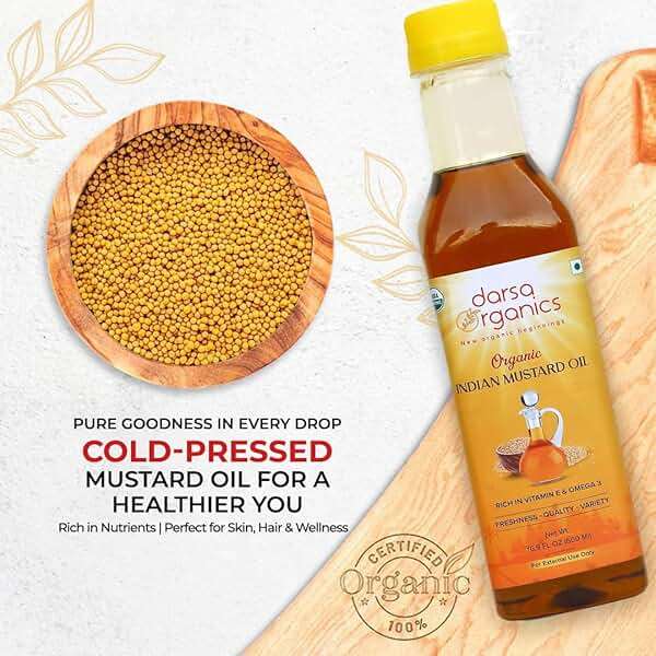 Darsa Organics Cold-Pressed Mustard Oil 16.9 oz (500ml) – USDA Organic, Unrefined & Chemical-Free, Rich in Vitamin E & Omega-3, Great for Hair & Skin Care, Natural Massage & Remedies - Image 4