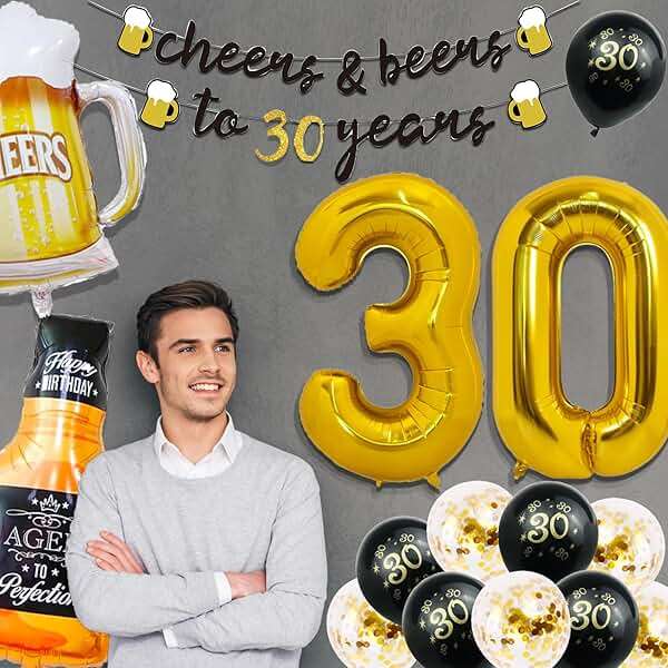 30th Birthday Decorations for Him, 30 Birthday Decorations for her with 40 Inch Gold 30 Number Balloons, Cheers to 30 Years Banner,Fringe Curtains and Cups Foil Balloons - Image 2