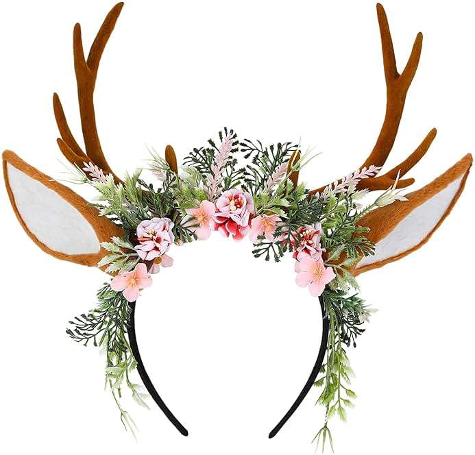 MOSTORY Handmade Antler Headband Brown - Adjustable Reindeer Horns Crown with Ears Fairy Flower Woodland Headpiece for Renaissance Christmas Cosplay Prom Fae Ball Costume Photo Prop - Image 1