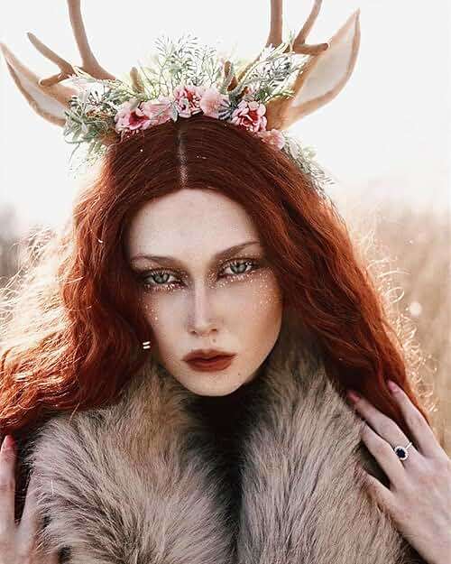 MOSTORY Handmade Antler Headband Brown - Adjustable Reindeer Horns Crown with Ears Fairy Flower Woodland Headpiece for Renaissance Christmas Cosplay Prom Fae Ball Costume Photo Prop - Image 2