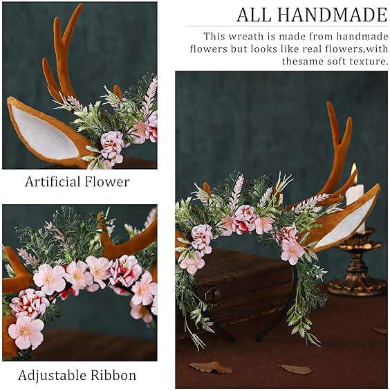 MOSTORY Handmade Antler Headband Brown - Adjustable Reindeer Horns Crown with Ears Fairy Flower Woodland Headpiece for Renaissance Christmas Cosplay Prom Fae Ball Costume Photo Prop - Image 7