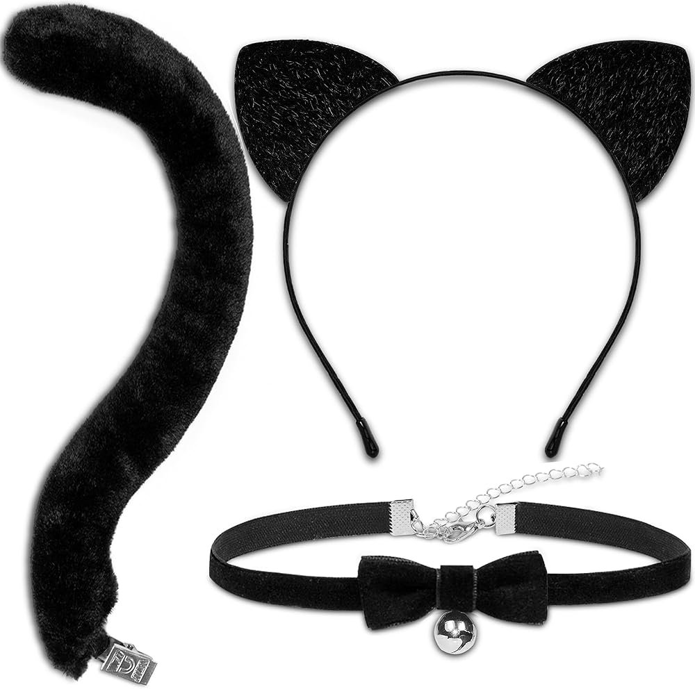 MUKOSEL Cat Ears Headband and Tail Bell Collar Set, Cat Costumes for Women Black Cat Ears and Tail Set, Cat Costume Accessories Halloween Party Cosplay Costumes Set for Adults Women - Product Image