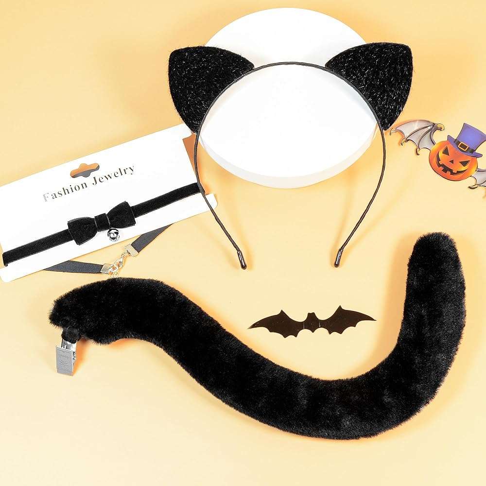 MUKOSEL Cat Ears Headband and Tail Bell Collar Set, Cat Costumes for Women Black Cat Ears and Tail Set, Cat Costume Accessories Halloween Party Cosplay Costumes Set for Adults Women - Image 2