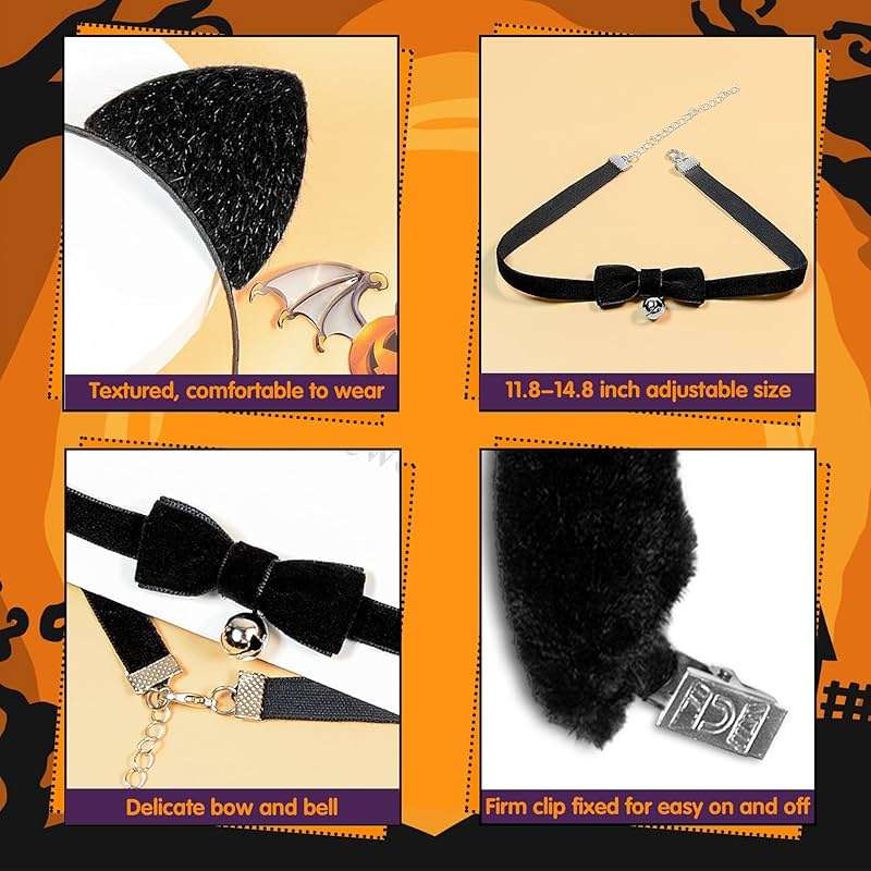 MUKOSEL Cat Ears Headband and Tail Bell Collar Set, Cat Costumes for Women Black Cat Ears and Tail Set, Cat Costume Accessories Halloween Party Cosplay Costumes Set for Adults Women - Image 3