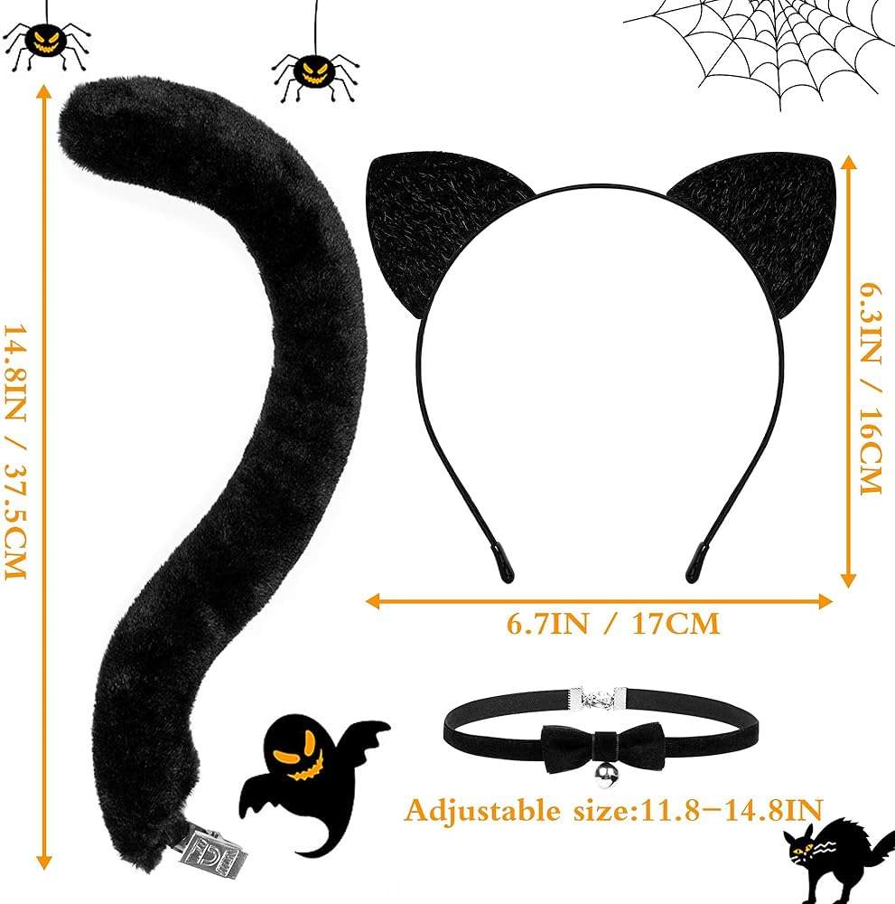 MUKOSEL Cat Ears Headband and Tail Bell Collar Set, Cat Costumes for Women Black Cat Ears and Tail Set, Cat Costume Accessories Halloween Party Cosplay Costumes Set for Adults Women - Image 6