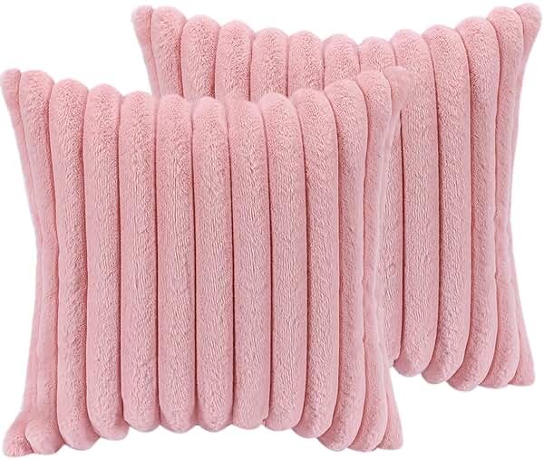 18x18 Throw Pillow Covers Set of 2, Decorative Faux Fur Covers for Bed, Couch Soft Fluffy Pillow Cover with Velvet Back for Living Room, Neutral Home Décor Accent for Sofa - Pink - Product Image