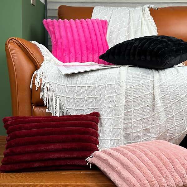 18x18 Throw Pillow Covers Set of 2, Decorative Faux Fur Covers for Bed, Couch Soft Fluffy Pillow Cover with Velvet Back for Living Room, Neutral Home Décor Accent for Sofa - Pink - Image 8