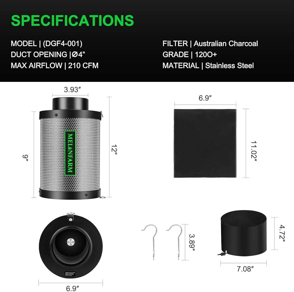 MELONFARM 4 Inch Air Carbon Filter Smelliness Control with Australia Virgin Charcoal, Odor Removal Carbon Filter for Grow Tent, Inline Fan, Hydroponics, Pre-Filter Included, Insulated Flange 4" x 11" - Image 2