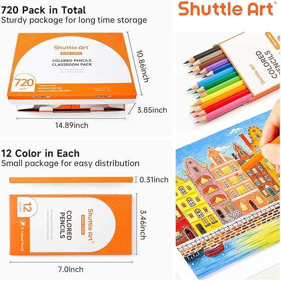 Shuttle Art 720 Colored Pencils Bulk, 12 Vibrant Colors, Pack of 60, Pre-sharpened Coloring Pencils, Wood Colored Pencil for Kids Teachers, Classroom Essentials, Back to School Supplies - Image 6