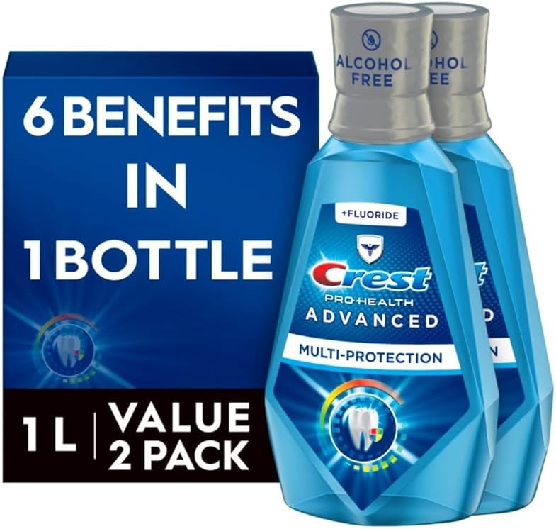 Crest Mouthwash Pro Health Multi-Protection, 1L, 2 Pack, 6-in-1 Benefits, Alcohol Free, Enamel Repair, Breath Freshener, Anti Cavity, Fluoride mouthwash, Bad Breath Treatment for Adults, Contains CPC - Product Image