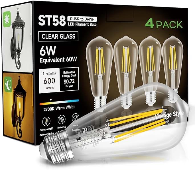 Eastiya Dusk to Dawn Light Bulbs, 6W Equivalent 60W, Soft White 2700K, E26 Base, Light Sensing, ST58 Vintage Style, 600LM, Outdoor Edison Bulbs, Automatic Light Bulbs for Porch Patio Garage, 4 Pack - Product Image