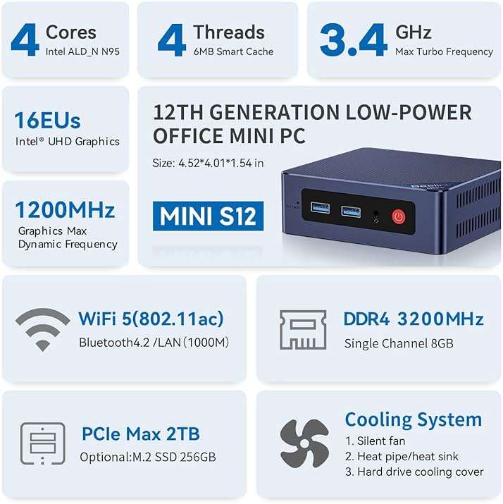 Beelink Mini PC, Mini S12 Intel 12th N95(Up to 3.4GHz), 8GB DDR4 256GB M.2 SSD, Desktop Computers Support 4K Dual HDMI Display/USB3.2/1000Mbps LAN/WOL Home/Office - Image 2