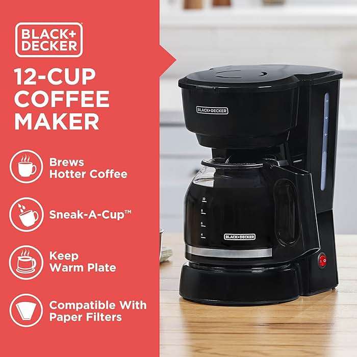 BLACK+DECKER 12-Cup Coffee Maker with Easy On/Off Switch, Easy Pour, Non-Drip Carafe with Removable Filter Basket, Vortex Technology, Black - Image 5