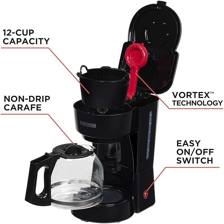 BLACK+DECKER 12-Cup Coffee Maker with Easy On/Off Switch, Easy Pour, Non-Drip Carafe with Removable Filter Basket, Vortex Technology, Black - Image 6