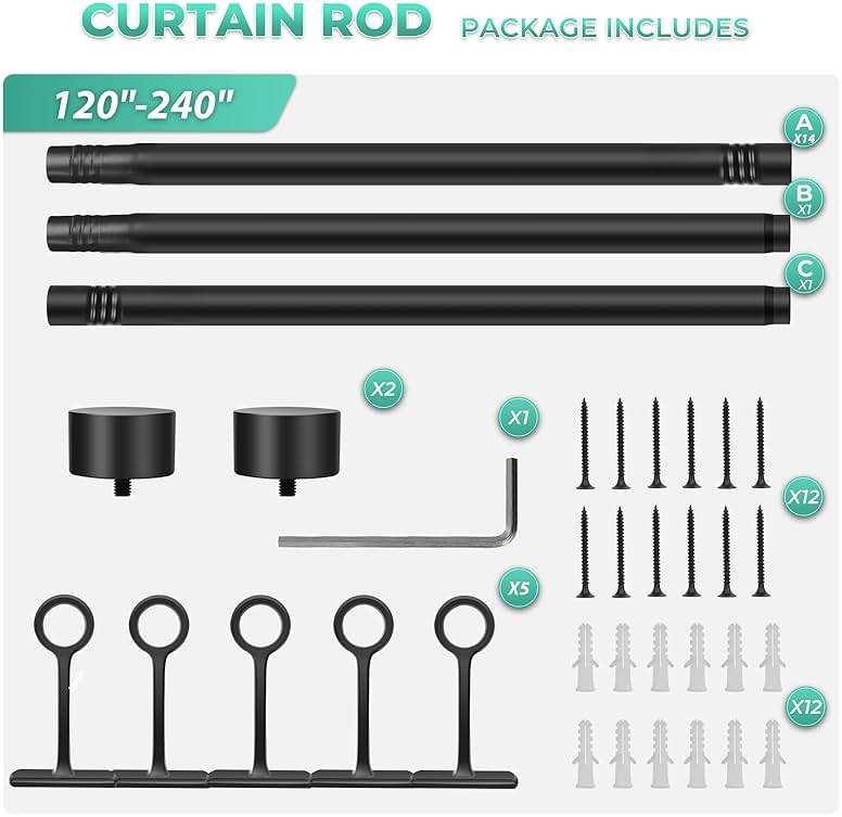Extra Long Curtain Rods for Windows 120" to 240", 1 Inch Matte Black Drapery Rod For Bedroom Living Room Divider Adjustable Heavy Duty Outdoor Curtain Rod for Patio Cap Finials - Image 10