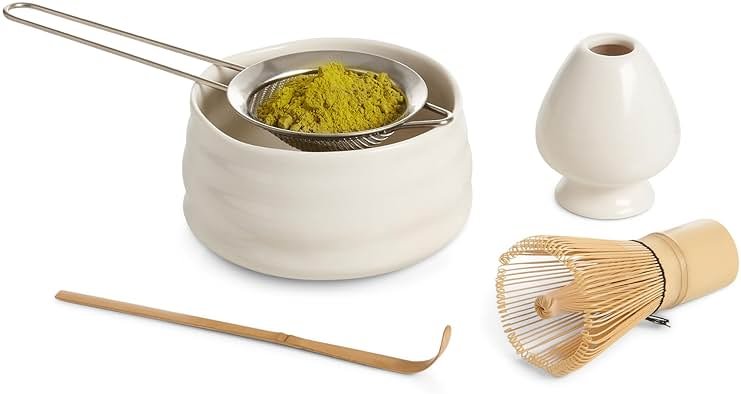 Helen’s Asian Kitchen Traditional Japanese Matcha Tea Gift Set – 5-Piece Ceremonial-Grade Kit with Bamboo Whisk, Handcrafted Bowl, Tea Sifter, Measuring Scoop, and Whisk Stand, Complete Serving Tools - Product Image