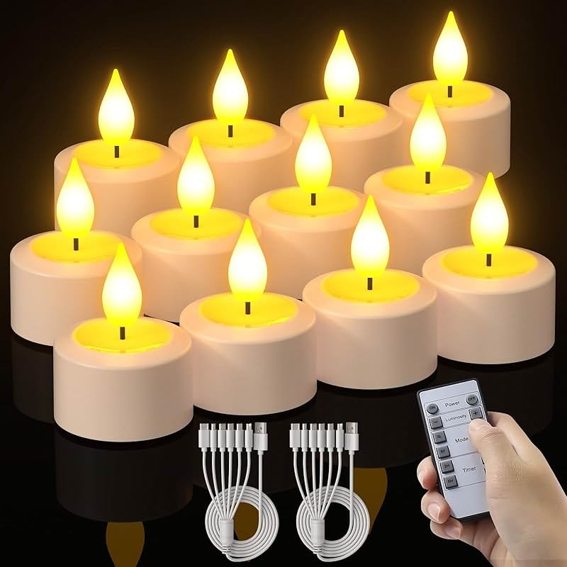 PChero 12 Pack Rechargeable Flameless Candles with Remote Timer, Battery Operated Tea Lights Candles, LED Flickering Tealights Candles for Home Wedding Halloween Fall Christmas Decor - Product Image