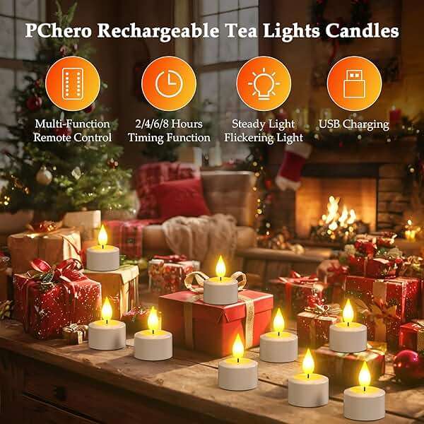 PChero 12 Pack Rechargeable Flameless Candles with Remote Timer, Battery Operated Tea Lights Candles, LED Flickering Tealights Candles for Home Wedding Halloween Fall Christmas Decor - Image 7