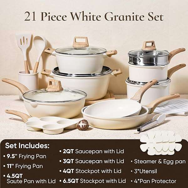 CAROTE 21Pcs Pots and Pans Set, Nonstick Cookware Sets, White Granite Induction Cookware Non Stick Cooking Set w/Frying Pans & Saucepans(PFOS, PFOA Free) - Image 2