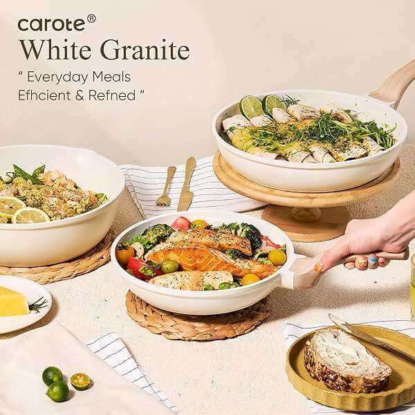 CAROTE 21Pcs Pots and Pans Set, Nonstick Cookware Sets, White Granite Induction Cookware Non Stick Cooking Set w/Frying Pans & Saucepans(PFOS, PFOA Free) - Image 9