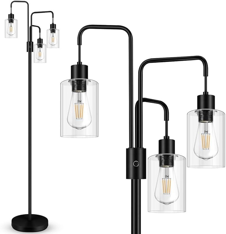 BoostArea Industrial Floor Lamp for Living Room,Glass Lampshade,Modern Stand Up Lamp with 3 Light,Simple Design Floor Lamp for Bedroom, Living Room, Office, Kids Room, Reading - Product Image