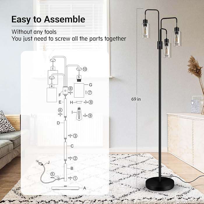 BoostArea Industrial Floor Lamp for Living Room,Glass Lampshade,Modern Stand Up Lamp with 3 Light,Simple Design Floor Lamp for Bedroom, Living Room, Office, Kids Room, Reading - Image 5
