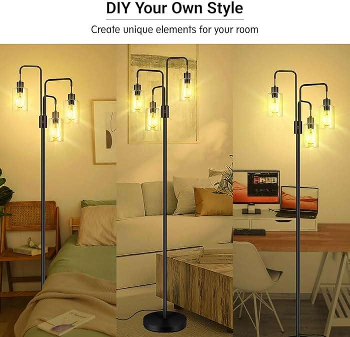 BoostArea Industrial Floor Lamp for Living Room,Glass Lampshade,Modern Stand Up Lamp with 3 Light,Simple Design Floor Lamp for Bedroom, Living Room, Office, Kids Room, Reading - Image 6