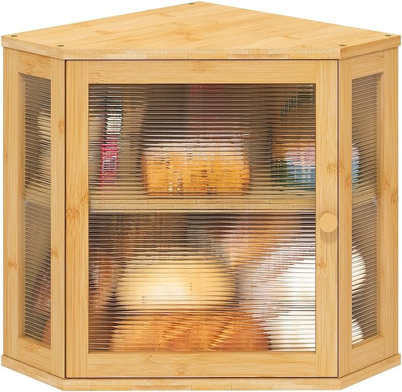 viewcare Corner Bread Box for Kitchen Counter, Bamboo Wood Large Capacity Bread Storage Bin with Acrylic Wavy Door Panel (Natural, Meduim) - Product Image