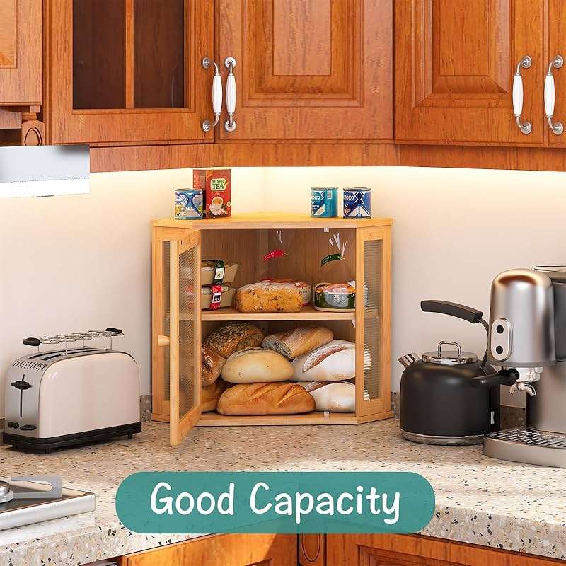 viewcare Corner Bread Box for Kitchen Counter, Bamboo Wood Large Capacity Bread Storage Bin with Acrylic Wavy Door Panel (Natural, Meduim) - Image 2