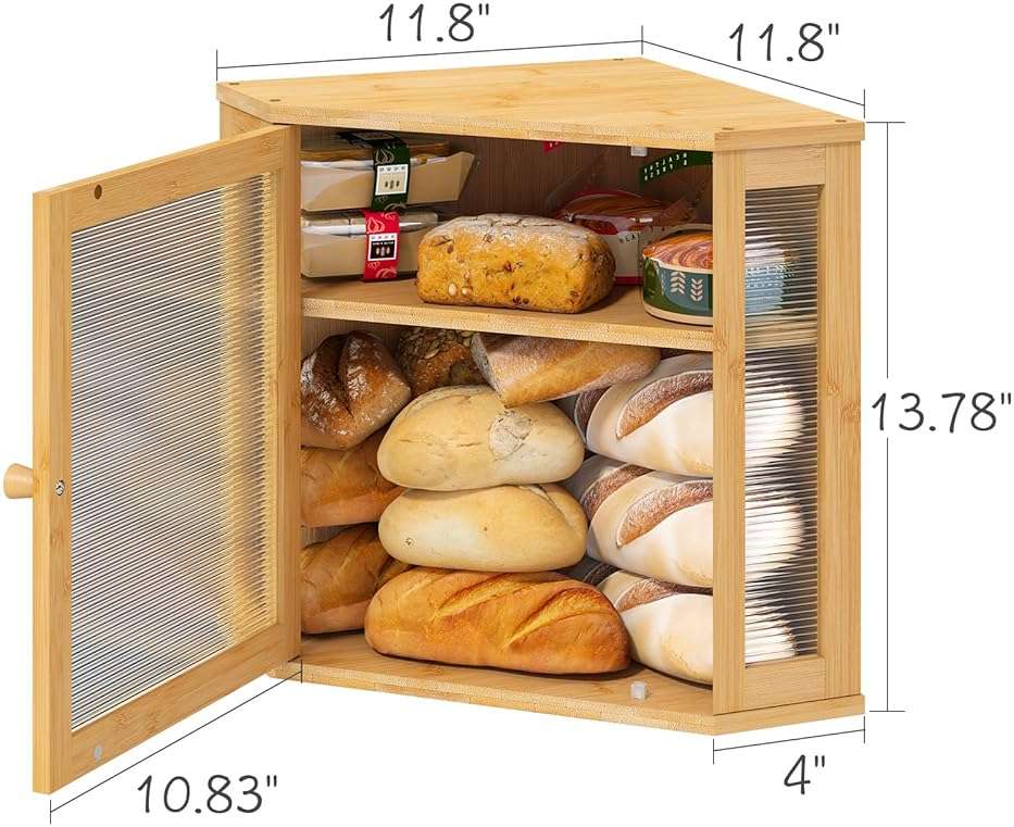 viewcare Corner Bread Box for Kitchen Counter, Bamboo Wood Large Capacity Bread Storage Bin with Acrylic Wavy Door Panel (Natural, Meduim) - Image 3
