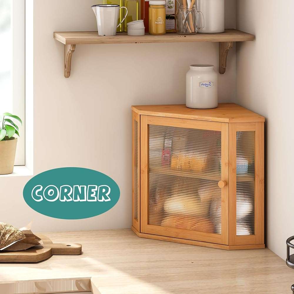 viewcare Corner Bread Box for Kitchen Counter, Bamboo Wood Large Capacity Bread Storage Bin with Acrylic Wavy Door Panel (Natural, Meduim) - Image 4