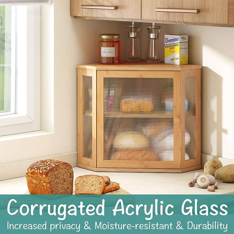 viewcare Corner Bread Box for Kitchen Counter, Bamboo Wood Large Capacity Bread Storage Bin with Acrylic Wavy Door Panel (Natural, Meduim) - Image 5