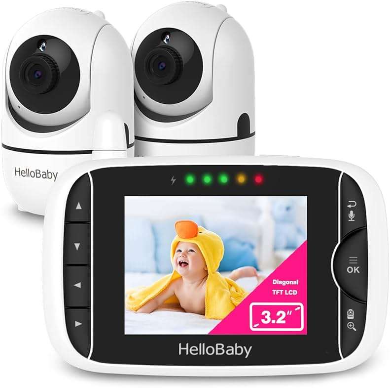 HelloBaby Video Baby Monitor with 2 Cameras and Audio. Baby Monitor with Remote Pan/Tilt/Zoom, VOX Mode, Night Vision, 2-Way Talk, 8 Lullabies - Image 1