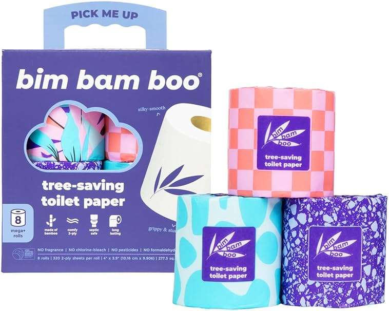 Bim Bam Boo Bamboo Toilet Paper 2 Ply - Sustainable Toilet Tissue - 8 Double Rolls, 320 Sheets Per Roll - Septic Safe - Plastic Free - Image 1