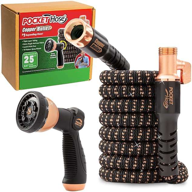 Pocket Hose 25 FT Copper Bullet Expandable Garden Hose w/10 Pattern Thumb Spray Nozzle AS SEEN ON TV 650psi 3/4 in Patented Lead-Free Ultra-Lightweight Solid Copper Anodized Aluminum - Image 1