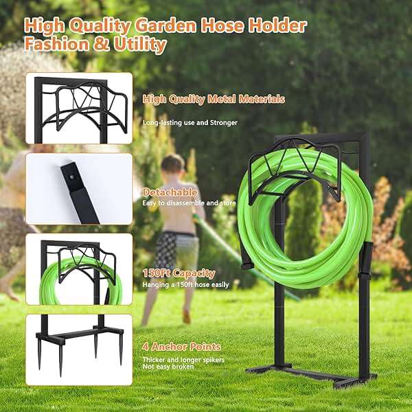 Freestanding Outdoor Garden Hose Holder, Heavy Duty Metal Storage Stand with 4 Spikes, Space Saving Organizer for Patio, Lawn, Backyard, Holds up to 150ft Hose, Black - Image 4