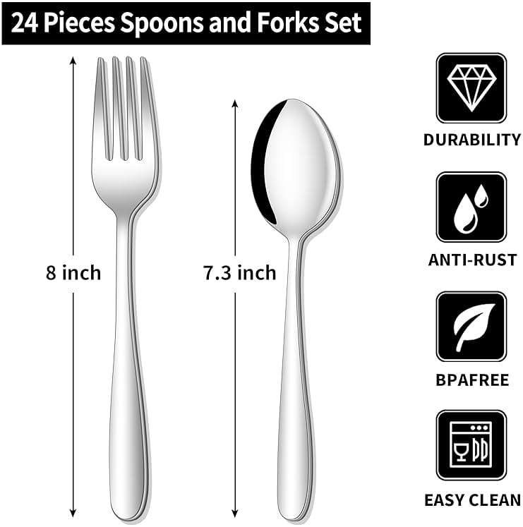 24-piece Forks and Spoons Silverware Set, Amafox Food Grade Stainless Steel Flatware Cutlery Set for Home, Kitchen and Restaurant, Mirror Polished Forks and Spoons Set for 12, Dishwasher Safe - Image 3