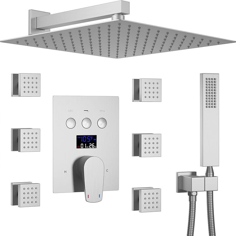 WHSHOWER Temperature Display Rain Mixer Shower Faucet Set with 6 Body Jets 12 inch Square Rainfall Shower Head with Handheld Spray Wall Mounted Rough-in Valve and Trim Included,Brushed Nickel - Product Image