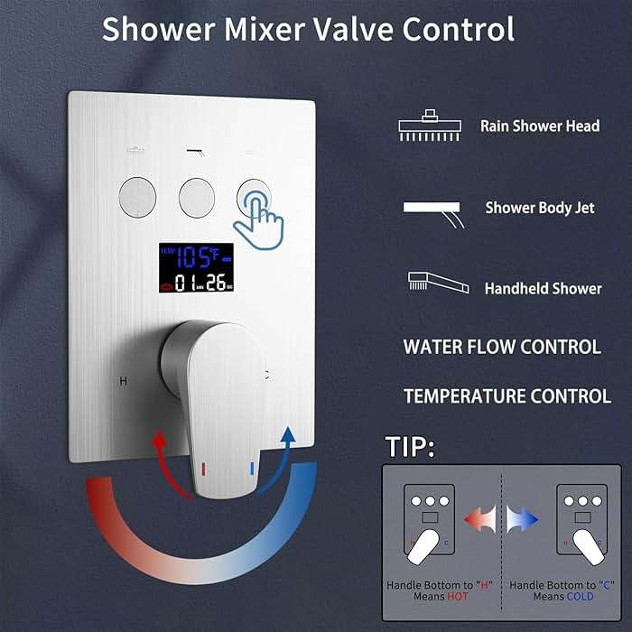 WHSHOWER Temperature Display Rain Mixer Shower Faucet Set with 6 Body Jets 12 inch Square Rainfall Shower Head with Handheld Spray Wall Mounted Rough-in Valve and Trim Included,Brushed Nickel - Image 3