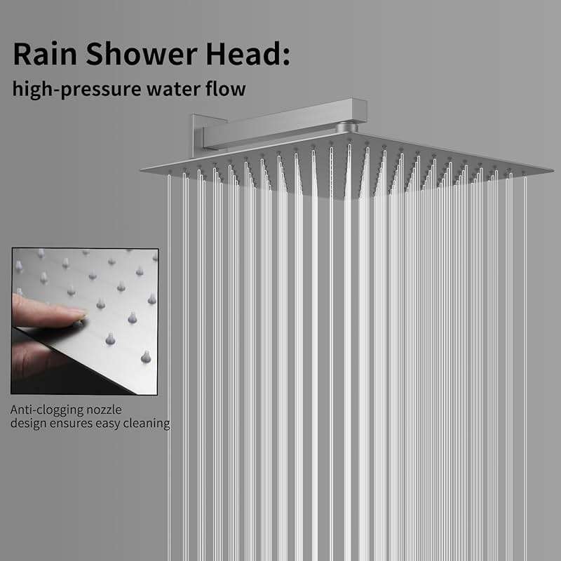 WHSHOWER Temperature Display Rain Mixer Shower Faucet Set with 6 Body Jets 12 inch Square Rainfall Shower Head with Handheld Spray Wall Mounted Rough-in Valve and Trim Included,Brushed Nickel - Image 4