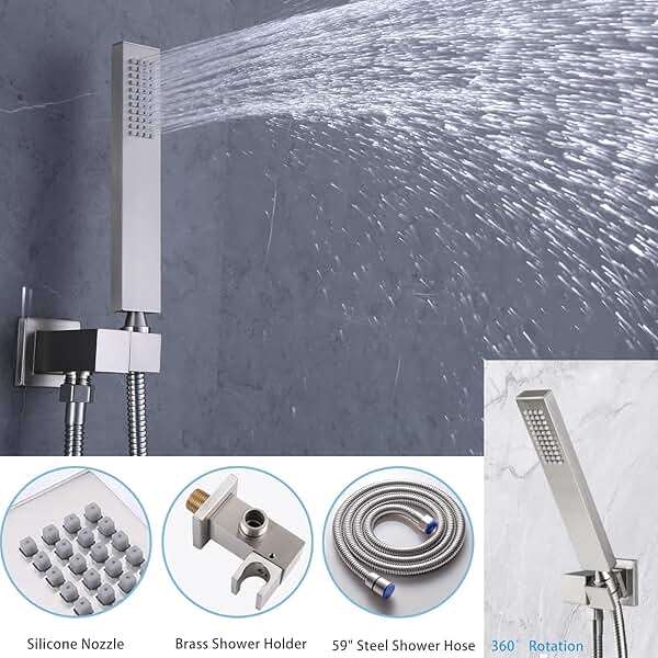 WHSHOWER Temperature Display Rain Mixer Shower Faucet Set with 6 Body Jets 12 inch Square Rainfall Shower Head with Handheld Spray Wall Mounted Rough-in Valve and Trim Included,Brushed Nickel - Image 6